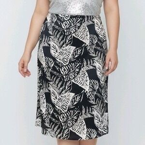 Future Collective Skirt Tropical Leaf‎ Ruched Front Midi Black White 1X